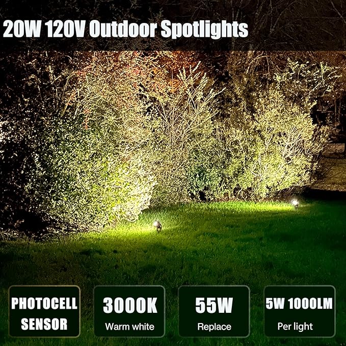 20W Dusk to Dawn led Light Spotlights Outdoor, Low Voltage Warm White Outdoor Spot Lights with Transformer Uplights Waterproof IP65 for Tree Yard Patio Gate Flags Garden 4 Pack