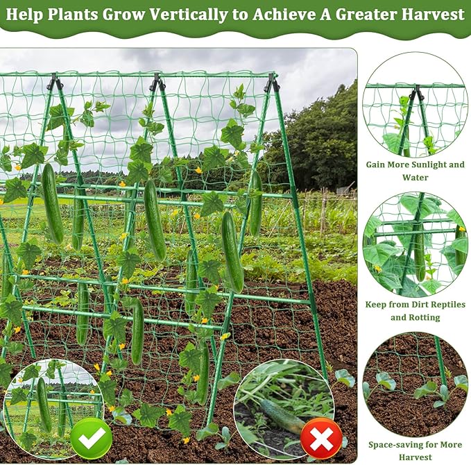 Cucumber Trellis for Raised Bed, 50x 54 inch A-Frame Garden Trellis for Climbing Plants Outdoor, Metal Arch Trellis with Netting, Vegetables Trellis for Grape Pea Bean