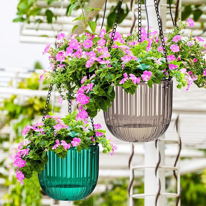 Maxcheck 4 Pcs Self Watering Hanging Planters Indoor Gift 6.5'' 4.5'' Hanging Flower Pots Baskets Outdoor Self Watering Plant with 3hooks Drainage Holes for Home(Emerald,Grey)