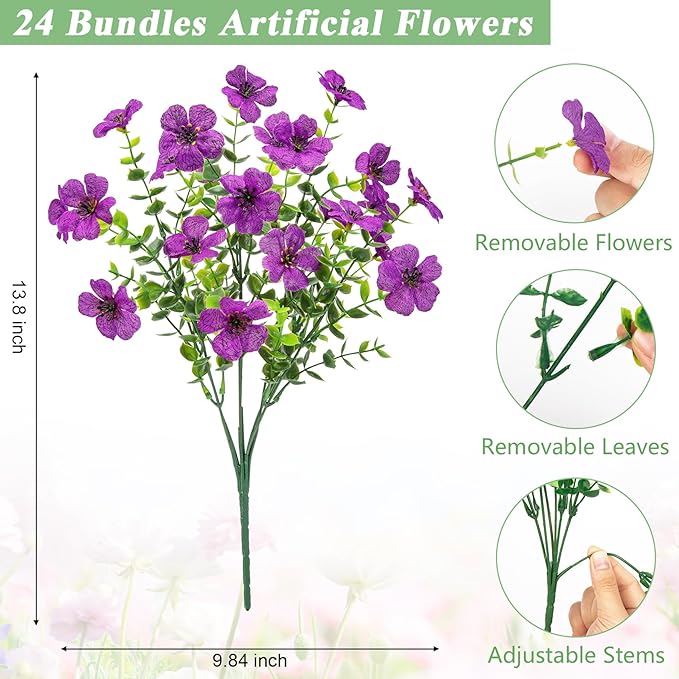 Bassion Artificial Flowers for Outdoors, 24 Bundles UV Resistant Fake Flowers Realistic Silk Faux Plants for Outdoor Planter Window Box Porch Patio Garden Home Outside Decorations