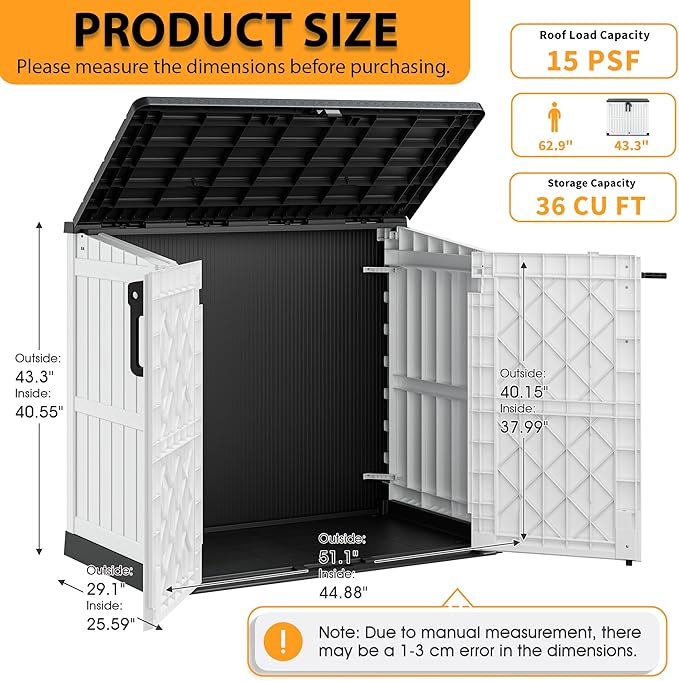 LHBcraft Outdoor Storage Cabinet 36 Cu Ft with Lockable Doors, Waterproof Outdoor Storage Box for Patios,Portable Horizontal Resin Storage Shed, Easy to Assemble