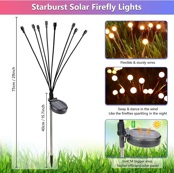 BrizLabs Solar Garden Lights, 4 Pack 32 LED Solar Powered Firefly Lights, 2 Modes Swaying Light, Waterproof Globe Pathway Outdoor Lighting for Yard Pathway Walkway Patio Decor, Warm White