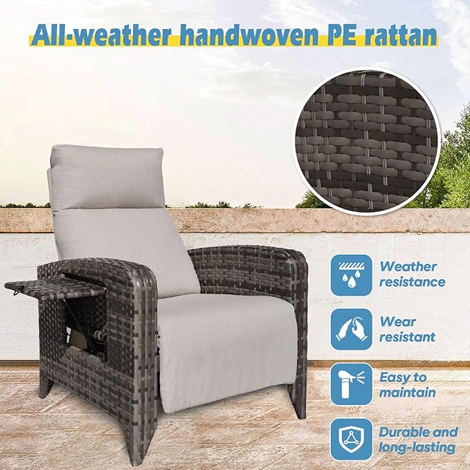 Outdoor Recliner Chairs Set of 2 Reclining Patio Chairs with Adjustable Back and Extended Footrest Wicker Rattan Recliner Chairs with Flip Table and Removable Cushion