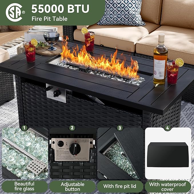 Aoxun 8 Piece Patio Furniture Set with 44” Fire Pit Table Wicker Rattan Patio Sectional Sofa Set Outdoor Seating Furniture with Thickened Cushion, Beige