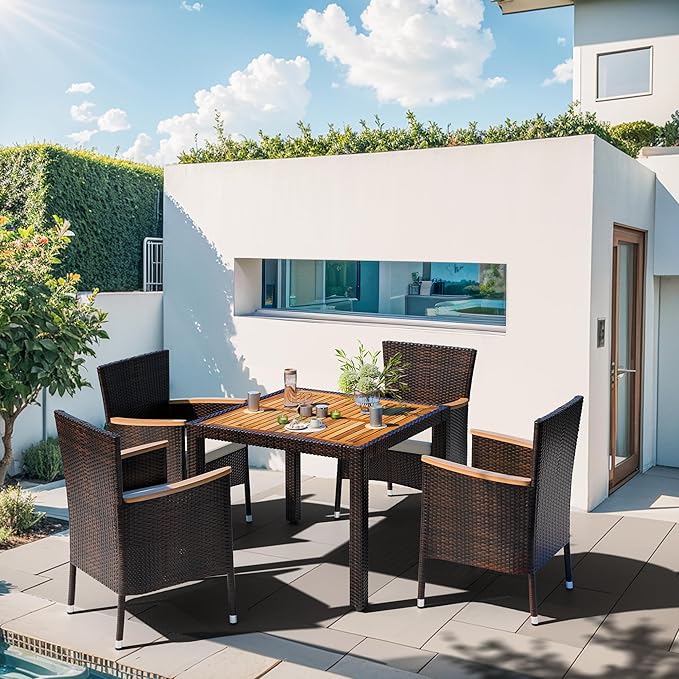 Shintenchi 5 PCS Patio Dining Set, Wicker Outdoor Table and Chairs with Soft Cushions, Patio Furniture Set with Wood Table Top for Backyard, Deck and Garden, Brown Rattan