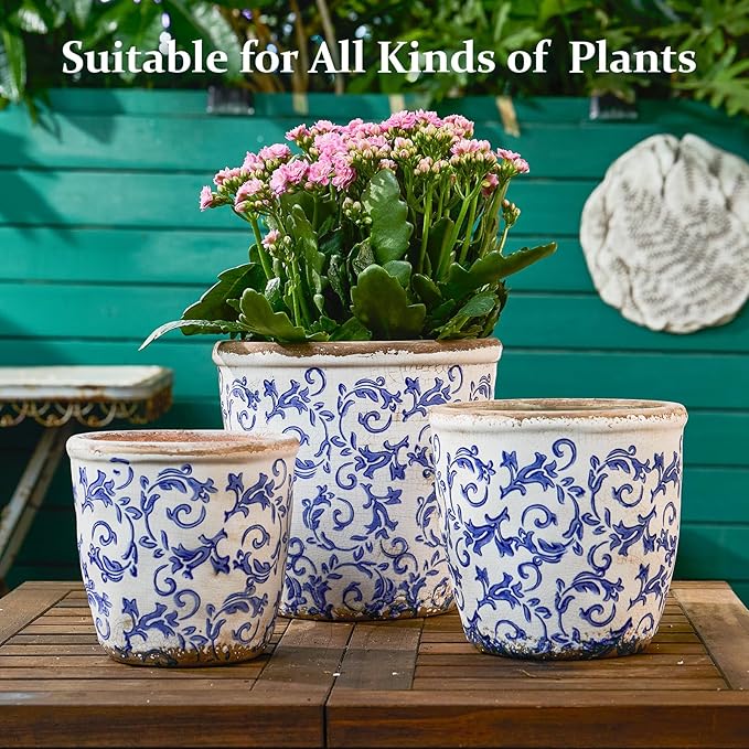 Vintage Ceramic Planter with Drainage Hole, Plastic Tray & Mesh, 6.5 Inch - Indoor/Outdoor Flower Pot, Blue Floral Rustic Farmhouse Design Plant pot for Home, Office & Garden Décor, Ideal Gift