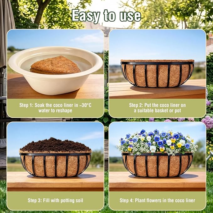 4 Pcs 30 Inch Trough Coco Liner for Window Box, 100% Natural Half Moon Coconut Coir Planter, Replaceable Coconut Fiber Liner for Window Boxes & Fence Flower Baskets (4, 30 inch)