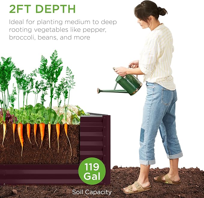 Best Choice Products 4x2x2ft Outdoor Metal Raised Garden Bed, Deep Root Box Planter for Vegetables, Flowers, Herbs, 119 Gallon Capacity, 100% Non Toxic Materials - Burgundy