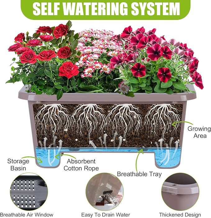 Self-Watering Rectangle Planter Boxes 8-Pack, 15.7-Inch Window Box Planter with Drainage Holes & Trays, Pots for Vegetables, Herbs, Flowers, Garden Windowsill Balcony (Coffee)