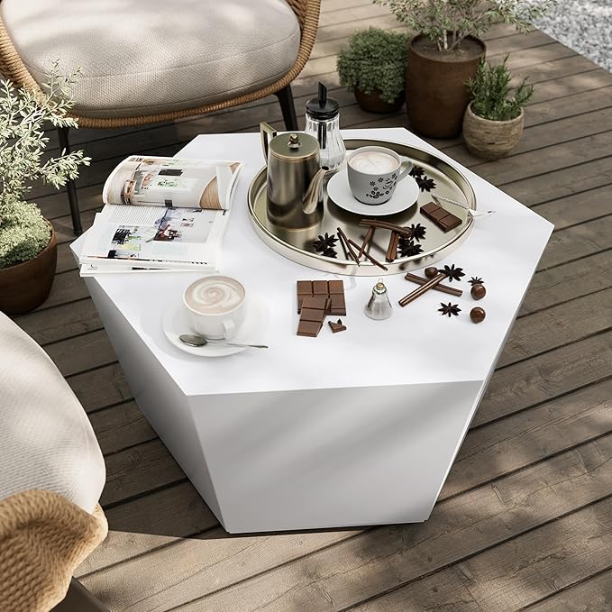 UPHA Outdoor Hexagon Coffee Table, Small Modern Minimalist Accent Tables, Low Light Concrete Center Table for Living Room, Outside Patio, Deck, 28×24.2×15.4, Pure White