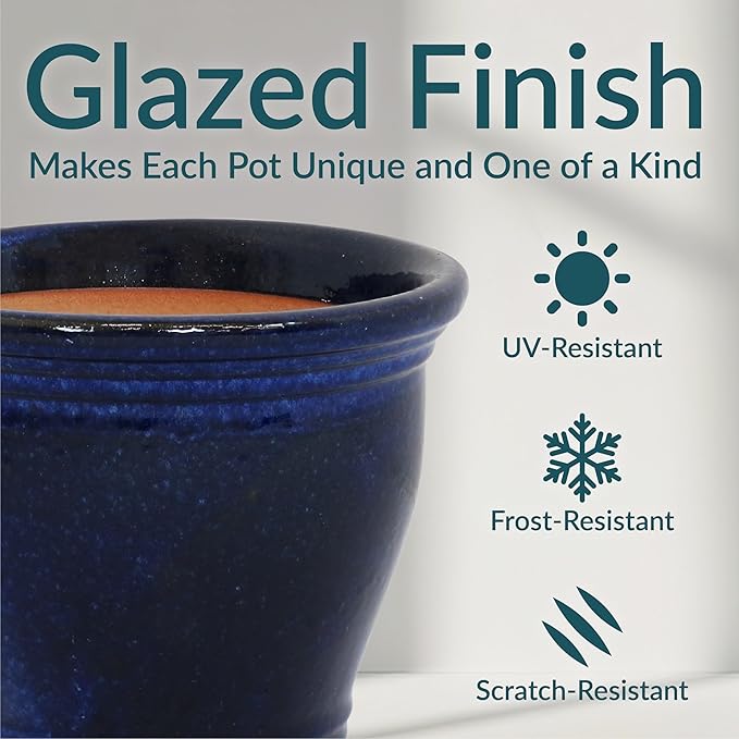 Sunnydaze Round Ceramic Planter - Set of 2 Indoor or Outdoor Plant Pots with Drainage Hole - Studio - 11" - Imperial Blue Glaze