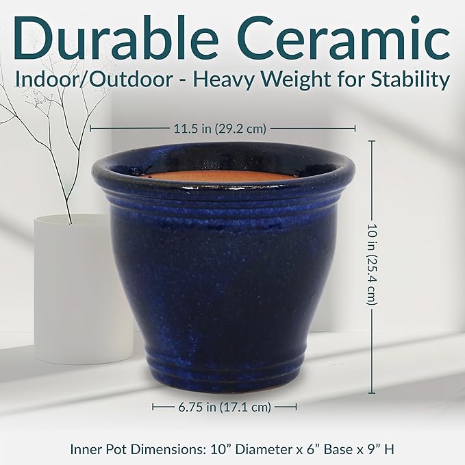 Sunnydaze Round Ceramic Planter - Set of 2 Indoor or Outdoor Plant Pots with Drainage Hole - Studio - 11" - Imperial Blue Glaze