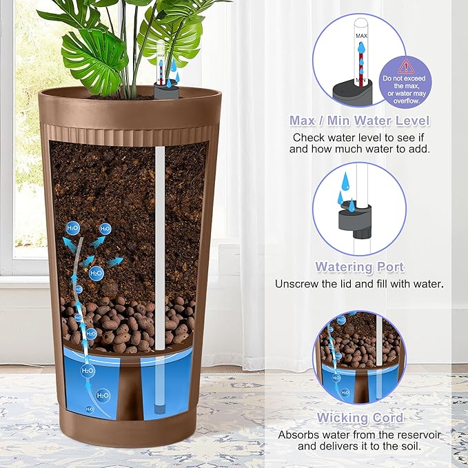 24in Tall Self-Watering Planters Set of 2 - Brown Flower Pots with Water Level Monitor, Non-Toxic Plastic Planters for Indoor Outdoor Patio, Porch, Living Room, Home Office