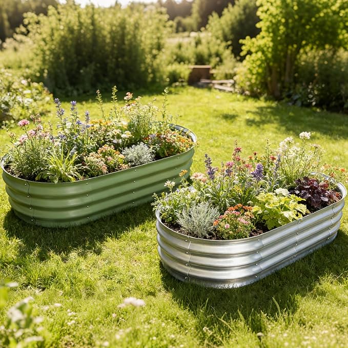 Galvanized Raised Garden Bed Kit, Planter Garden Boxes Outdoor, Oval Large Metal for Vegetables Fruits, Flowers Planter Boxes, Easy Assembly Garden Bed Kit 4x2x1 FT (2-Pack)