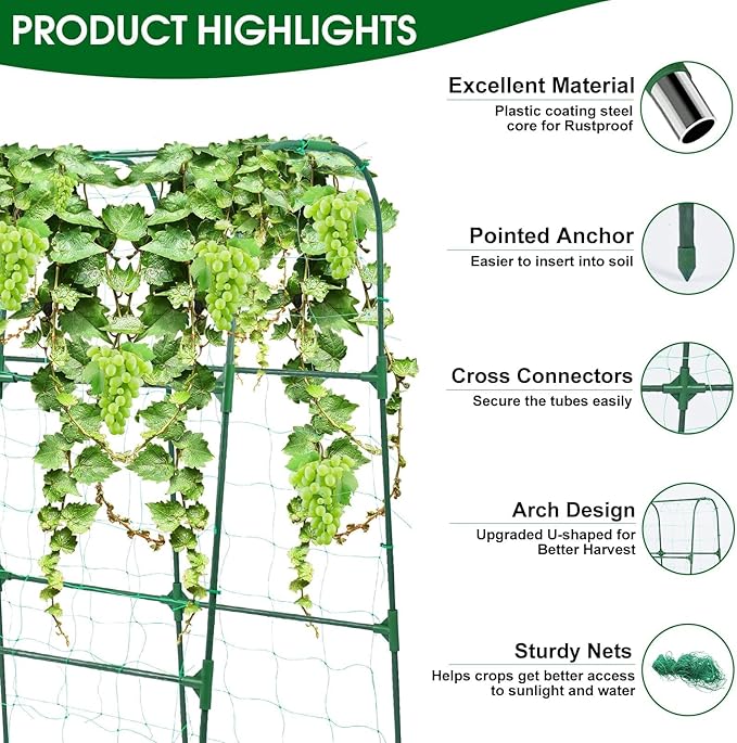 Garden Trellis for Climbing Plants Outdoor, Cucumber Trellis for Raised Bed Garden, Arch Trellis Support for Cucumbers Tomatoes Beans Peas, 50x48 inch, Metal Trellis with Netting, Green