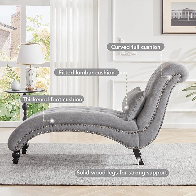 Tufted Soft Chaise Lounge Chair for Bedroom, Linen Rivets Chaise Lounge Indoor, Armless Upholstered Chaise Couch Chair for Living Room with Square Cushions and Solid Wood Legs, Gray