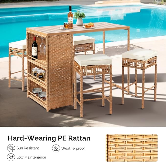 Outvita 5-Piece Outdoor Bar Set, Wicker Rattan Bar Height Patio Set w/4 Cushion Bar Stools & Table with Hidden Storage, Outdoor High Top Table and Chairs Set for Backyard, Balcony, Garden and Poolside