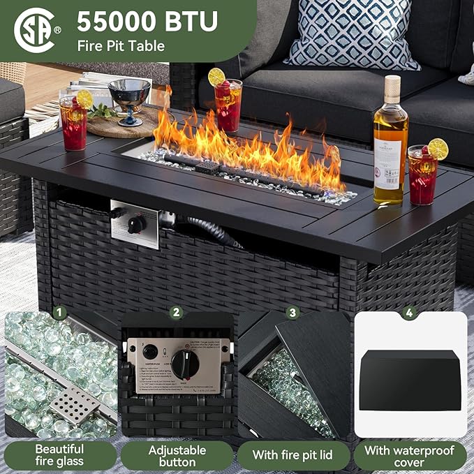 Aoxun 15 Piece Patio Furniture Set with 44” Fire Pit Table Wicker Rattan Patio Sectional Sofa Set Outdoor Seating Furniture with Thickened Cushion, Black