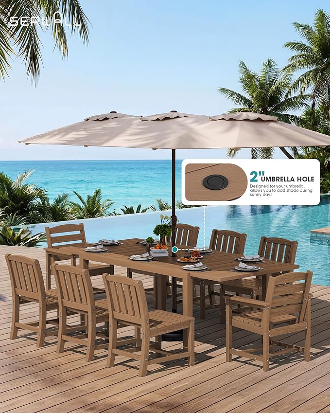 SERWALL 7-Piece Outdoor Dining Set, 60" - 83" Expandable Outdoor Dining Table and 6 HDPE Chairs, All Weather HDPE Outdoor Furniture Set for Backyard, Garden, Brown