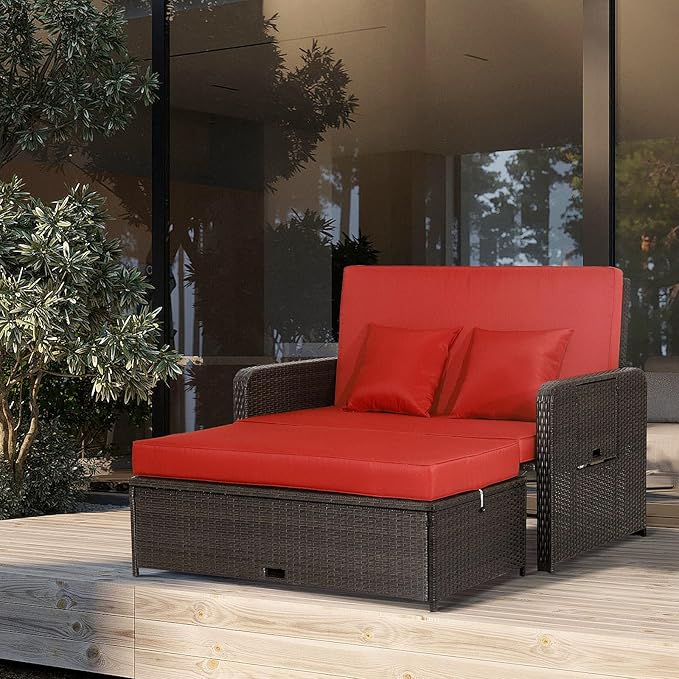 LDAILY Moccha Outdoor Daybed, Wicker Loveseat Sofa Set with 4-Postion Adjustable Backrest, Storage Ottoman, Cushions, Rattan Double Bed Lounger, Patio Furniture Set (Red)