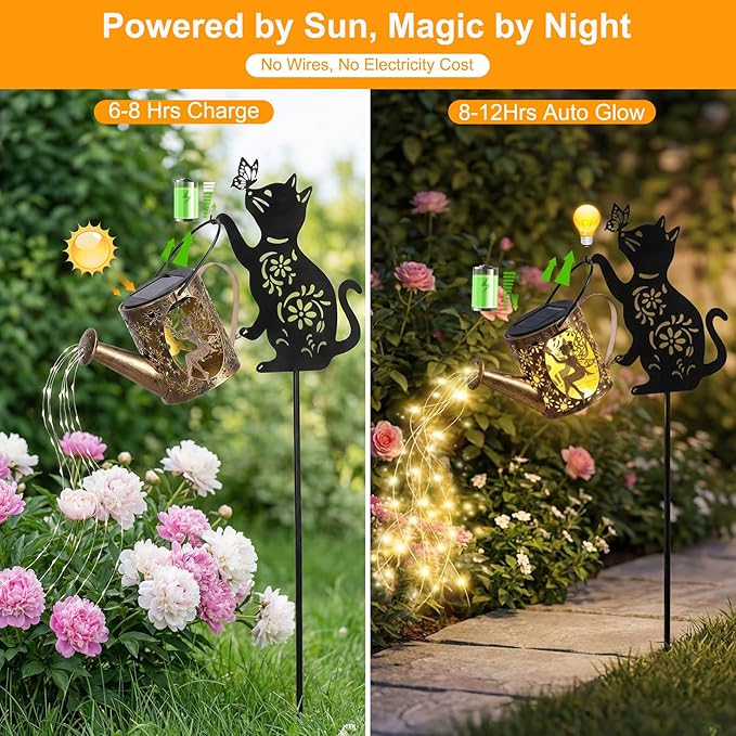 Solar Watering Can Lights with Fairy & Flowers, Outdoor Garden Decor with Cascading String Lights, Waterproof Solar Powered Hanging Lantern for Patio Yard Pathway, Gift for Mom Cat Lovers Gardeners