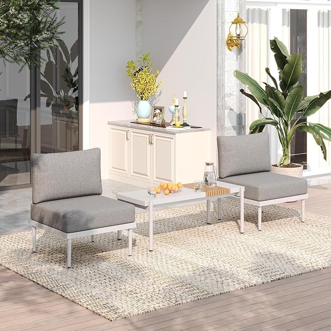 Sundale Outdoor 3 Pieces Patio Furniture Set, Metal Outdoor Sectional Sofa with Coffee Table, All-Weather Modern Outdoor Conversation Sets for Balcony, Porch, Poolside, Sunroom