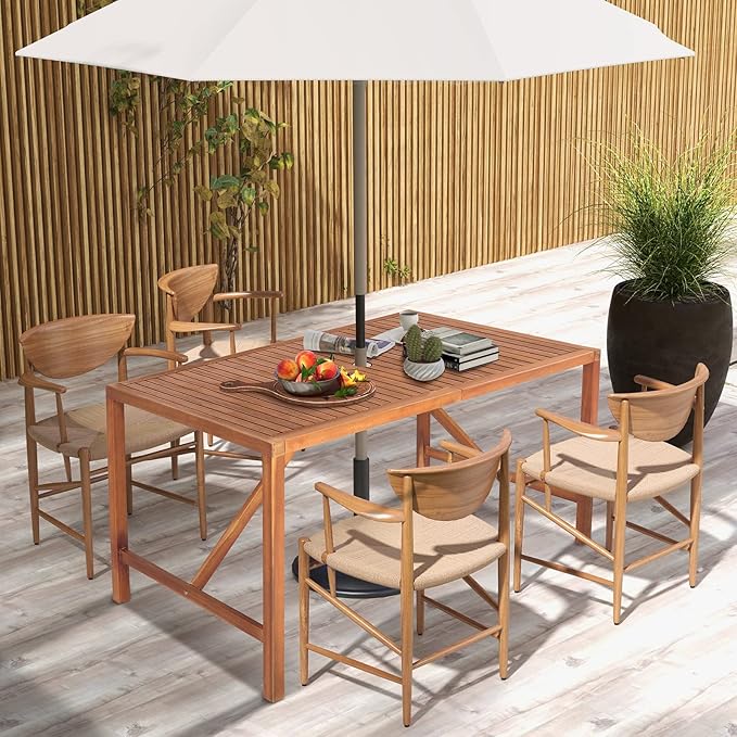Tangkula 55" Acacia Wood Outdoor Dining Table for 4-6 Person, Rectangular Patio Dining Table with 2" Umbrella Hole and Support Bars, Indoor Outdoor Dining Furniture for Deck, Garden, Poolside & Yard