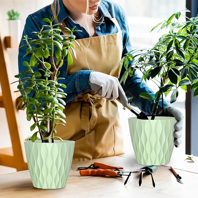 6 Pack 7 Inch Indoor Plant Pots with Drainage Holes, Outdoor Plastic Decorative Flower Pots, Garden Planters with Tray Saucers for Orchids, Violets, Succulents, Herbs, and Other Plants