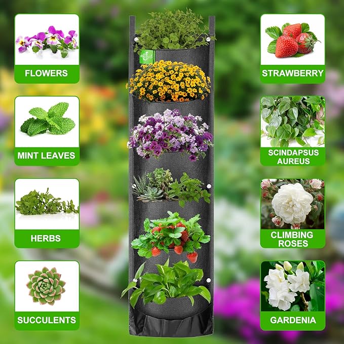 ANGTUO 6 Pockets Hanging Planters for Outdoor Plants, One Pack Wall Planter Vertical Garden, Hanging Plant Holder for Railing, Balcony, Fence