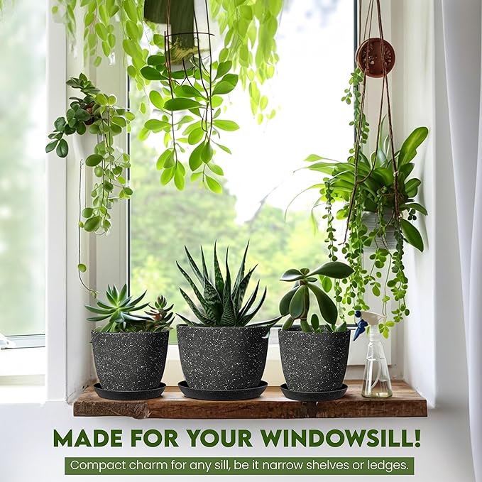 Utopia Home - Spotty Plant Pots Indoor with Drainage - 7/6.6/6/5.3/4.8 Inches Flower Pots - 10 Pack Plastic Planters - Ideal for Stocking Stuffers - (Speckled Black, Pack of 10)