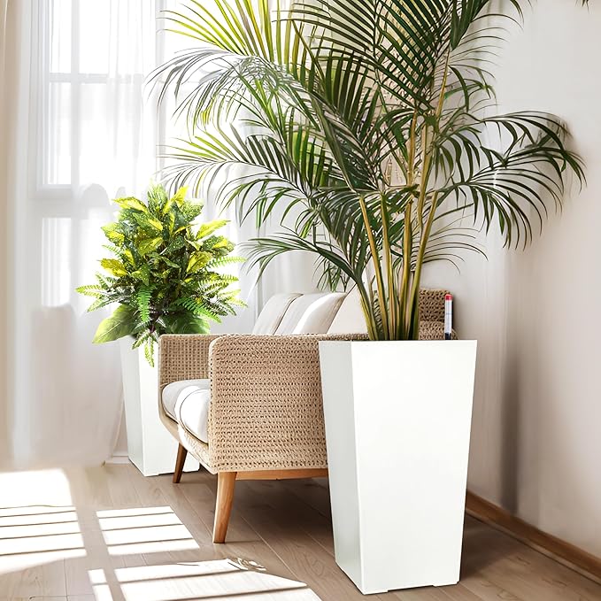 Garvee 22.5" Tall Planters Set of 2, Outdoor＆Indoor Black Planter Pots, High Front Porch Planter Pots with Drainage Holes＆Water Level Monitor＆Inner Bucket,White