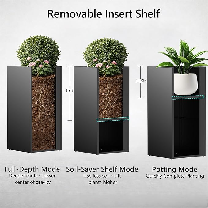 Set of 2 Tall Metal Planter Box for Outdoor Plants,14" L x 14" W x 30" H Heavy Duty Tall Outdoor Planter with Removable Insert Shelf for Porch, Patio, Backyard| Modern Décor|Built-in Drainage|(Black)
