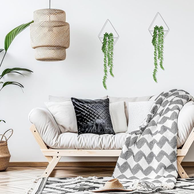2 Pieces Wall Decor Hanging Planters with Artificial Plants Metal Hanging Vase Indoor Plants Holder Modern Boho Wall Art for Bathroom Bedroom Living Room Decor, Silver, Succulents