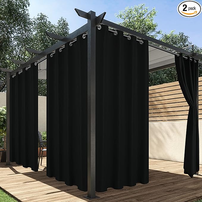 HolidayIdeas Outdoor Curtains for Patio Waterproof, 2 Panels - 84 x 84 Inch - Privacy Protection & Light Filtering Curtains Grommet Outside Curtains for Porch, Gazebo, Pergola, Backyard (Black)