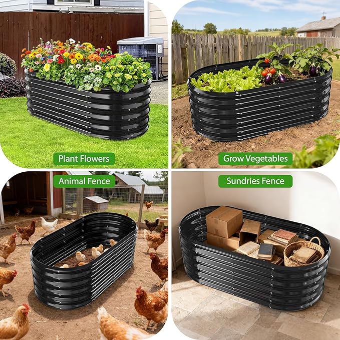17" Tall Outdoor Garden Raised Garden Bed Kits, 4ft X 2ft Oval,0.8MM Thick Metal Raised Planter Bed/Ground Planter Box for Variety of Flowers,Herbs,Vegetables (Black, 48X24X16.5 Inches)