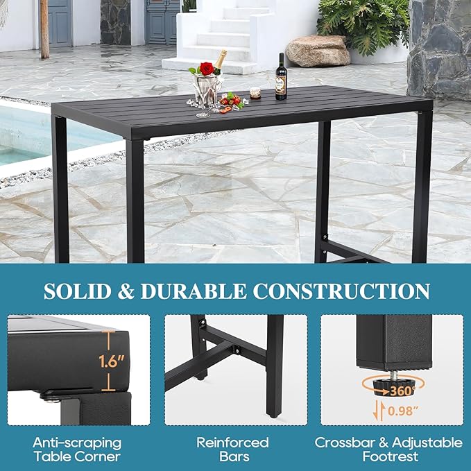 Outdoor Bar Table, Patio Console Pub Height Tables with Powder Coated Steel Frame, Weather Resistant Waterproof Top for Hot Tub, Balcony, Garden, Yard, Poolside (47" Wide Bar Table, Black)