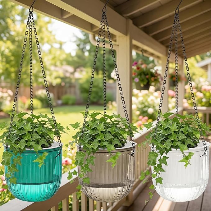 3 Pack Self Watering Hanging Planters, 6.5 Inch Hanging Flower Pot with Drainage Hole, Plastic Hanging Basket with 3 Hooks Chains, Plant Hanger for Indoor Outdoor Plants, Herbs (3 Colors)