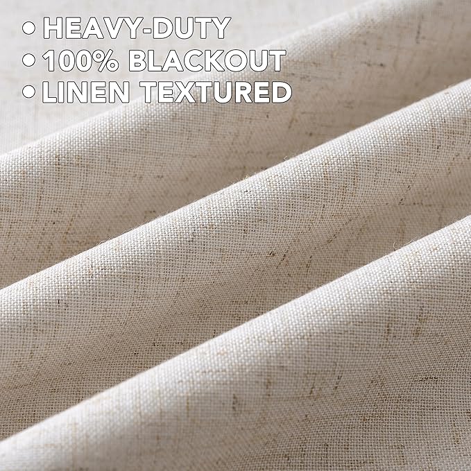 H.VERSAILTEX Linen Curtains 100% Blackout Curtains for Bedroom 54 inch Long Full Light Blocking Nature Linen Blended Window Curtains for Living Room Nickel Grommet (2 Panels, Heathered Natural)