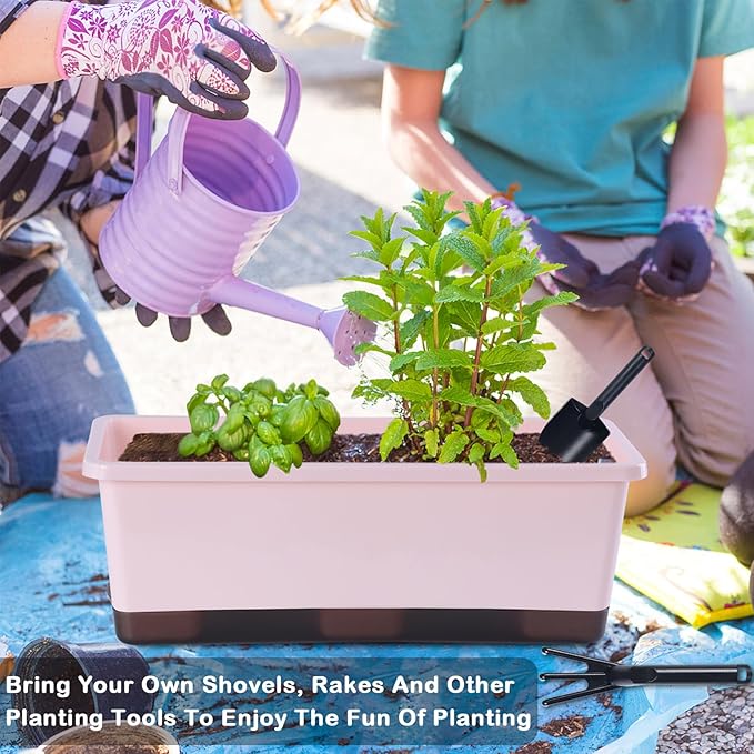 Window Box Planter 8 Pcs, 17 Inches Rectangle Flower Pots with Drainage Holes & Trays, Vegetable Planters for Windowsill Patio Garden Balcony Home Indoor Outdoor (Pink, 16 * 7 * 6 inch)