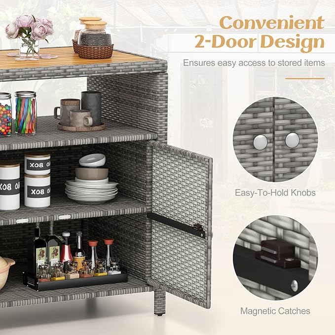 Tangkula Rattan Outdoor Storage Cabinet, Patiojoy Outdoor Cabinet with Acacia Wood Countertop, Open Compartment, 2-Door Wicker Sideboard, Outdoor Bar for Patio Garden Backyard Poolside (Mix Grey)