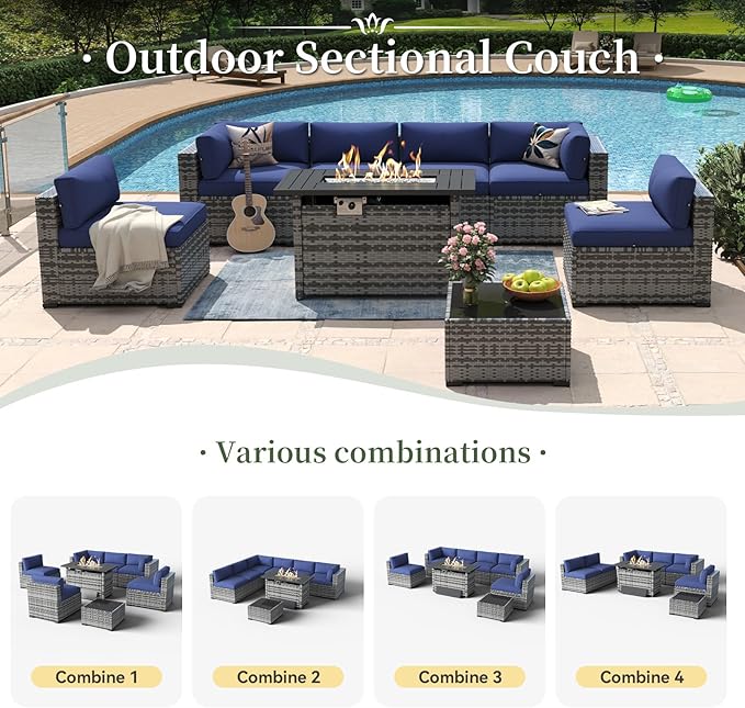 Aoxun 8 Piece Patio Furniture Set with 44” Fire Pit Table Paito Conversation Set Wicker Rattan Outdoor Sectional Sofa Set with Waterproof Cover and Thickened Cushions (Grey/Blue)