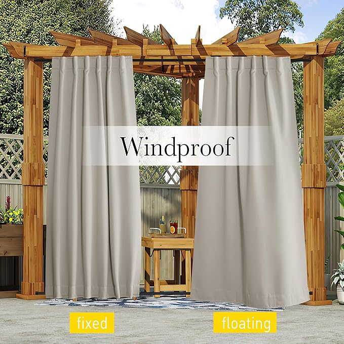 NICETOWN 2 Panels Outdoor Curtains Waterproof Pocket & Back Tab on Top & Bottom, Thermal Insulated Windproof Sun Blocking Outside Privacy Drapes for Patio with Fixed Rope, W84 x L84, Natural