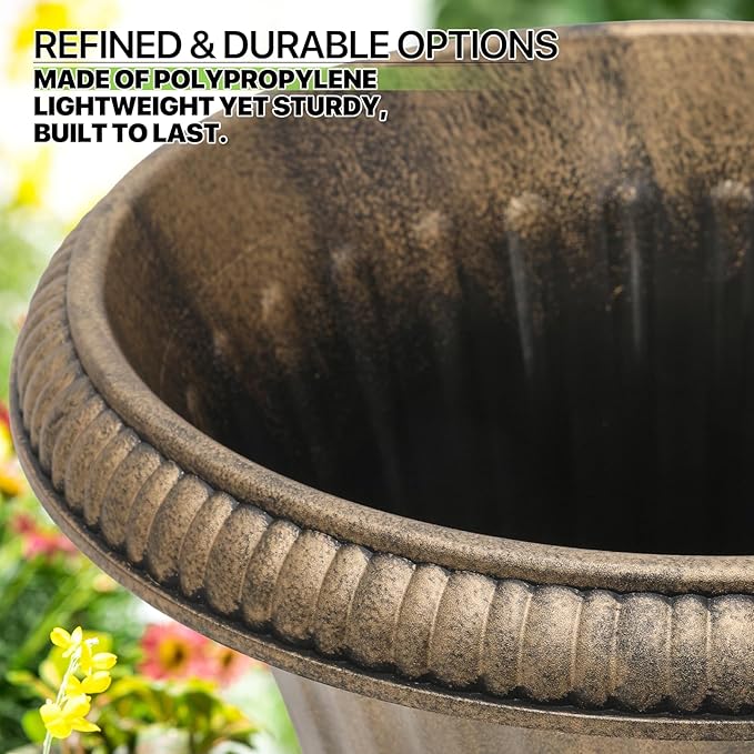 Magshion 20" Urn Planters for Outdoor Plants, Large Decorative Front Porch Planters Set of 2, Weatherproof Tall Plastic Flower Pots for Garden, Patio & Entryway Décor, Antique Brass
