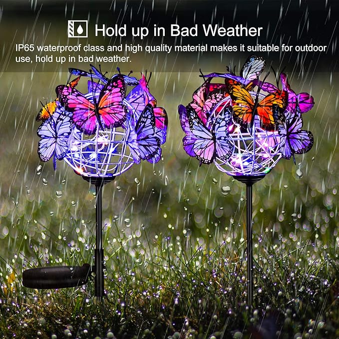 Outdoor Solar Garden Lights - 2 Pack Solar Powered Garden Stake Lights with 18 Butterflies and Copper String Lights, Multicolor