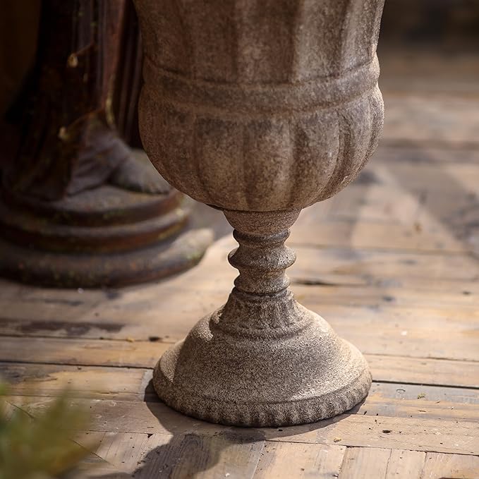 Vintage Urn Planter with Embossed Pattern, Imitation Stone Finish Flower Pot, Distressed Classic Plant Pot for Outdoor Indoor Home Garden Patio Front Porch Entryway（12 * 17 in）