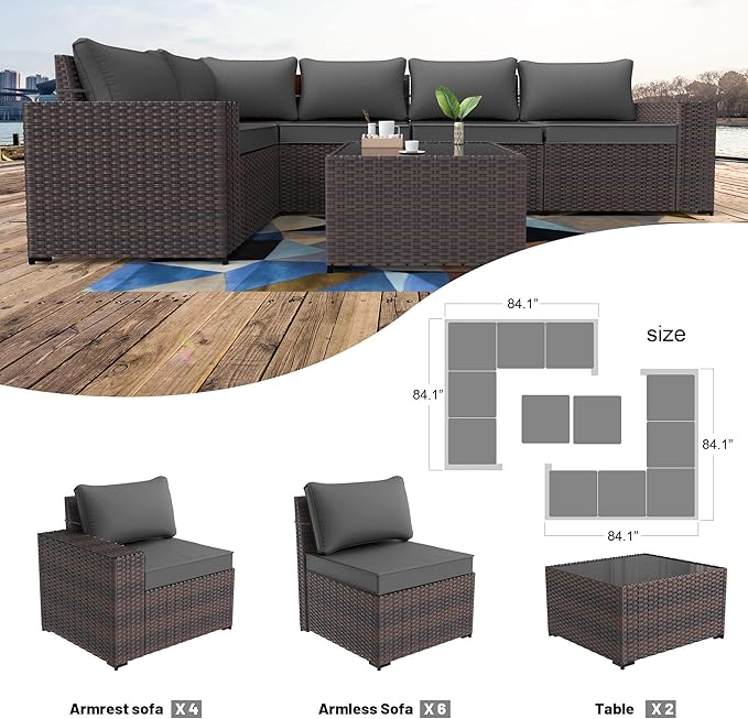 Kullavik 12 Pieces Outdoor Patio Furniture Set PE Wicker Rattan Sectional Sofa Patio Conversation Sets,Grey