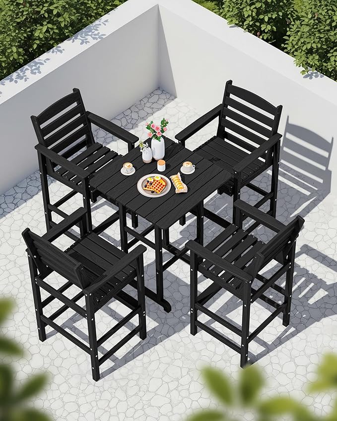 SERWALL 5-Piece Adirondack Bar Chairs Set, HDPE Adirondack Barstools with Pub Table, Outdoor Patio Bar Furniture for Bistro, Balcony, Poolside, Garden - Black