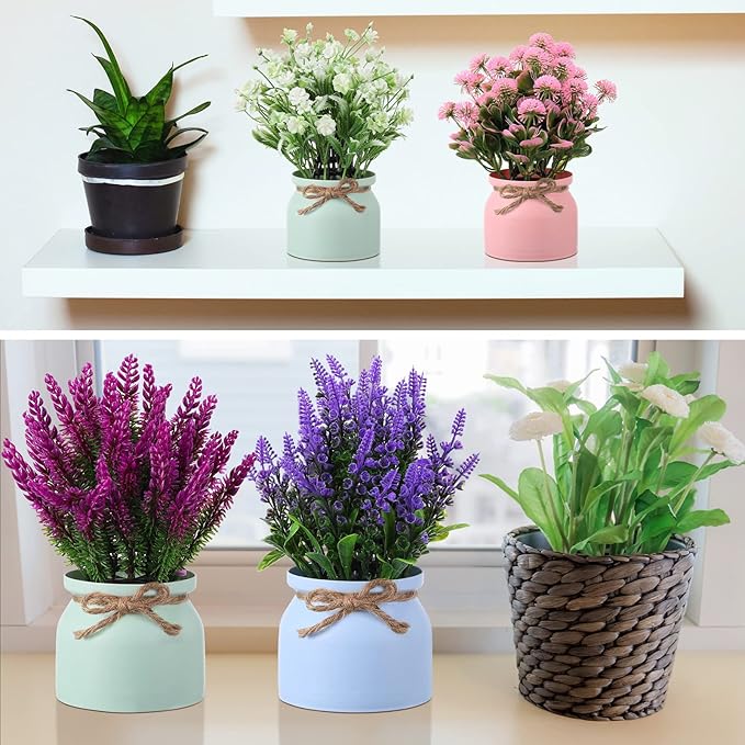 Cindeer 8 Pcs Large Artificial Potted Flowers Fake Potted Plants Plastic Faux Flowers for Home Decor Indoor Artificial Plants in Pots for Wedding Home Desk Tabletop Outdoor Office Kitchen (Romantic)