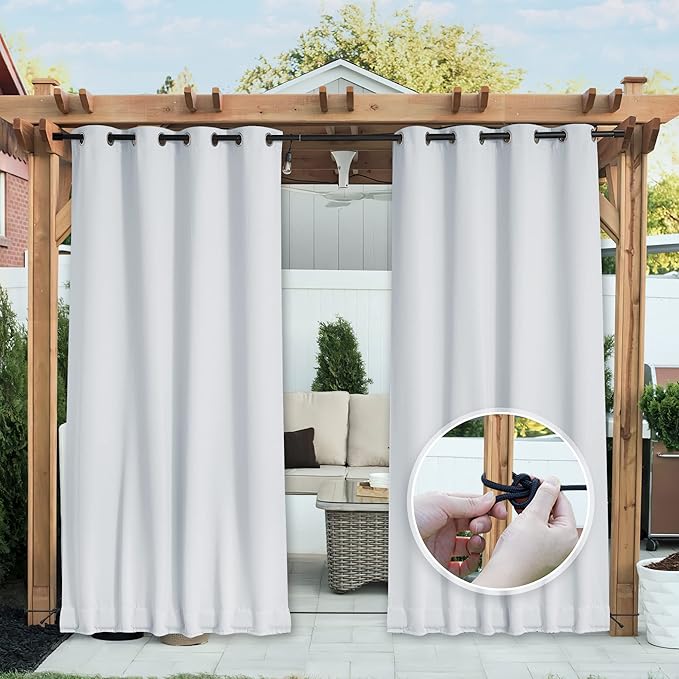NICETOWN 2 Panels Weighted Blackout Curtains for Patio Waterproof, Top & Bottom Grommet & Back Tab Fixed Thermal Outdoor Curtains Windproof Drapes for Porch, Greyish White, W84 x L108