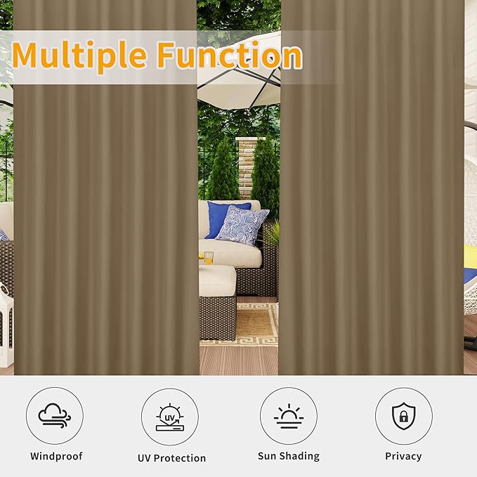 Easy-Going Outdoor Patio Curtains Detachable Tab Top Windproof Weatherproof Curtain for Cabana, Porch, Pergola and Gazebo, Tab Bottom Drape, 2 Panels, 54W x 84L inch, Khaki